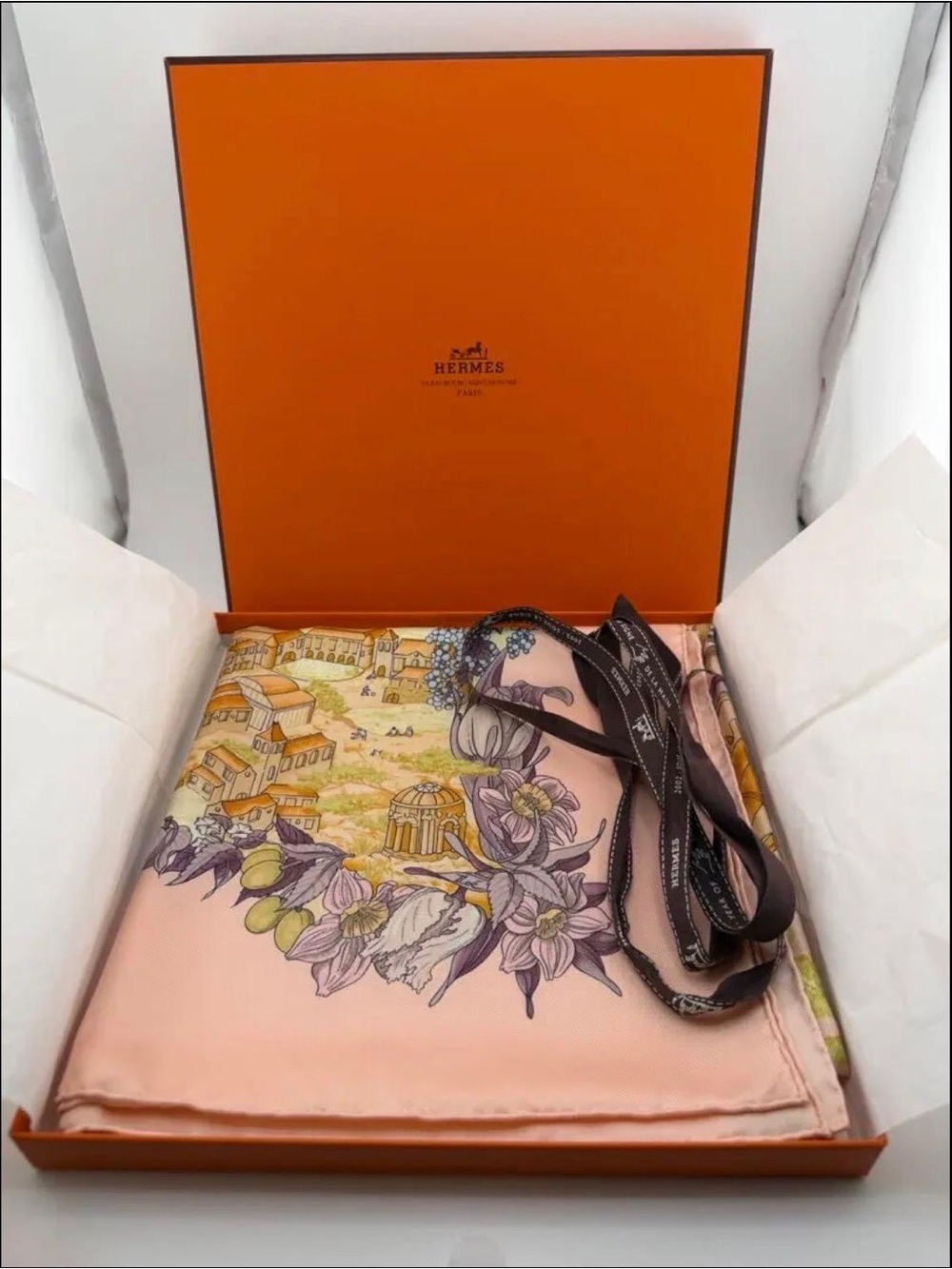 Hermes Pastel Pink Scarf with Gold & Lavender Accents